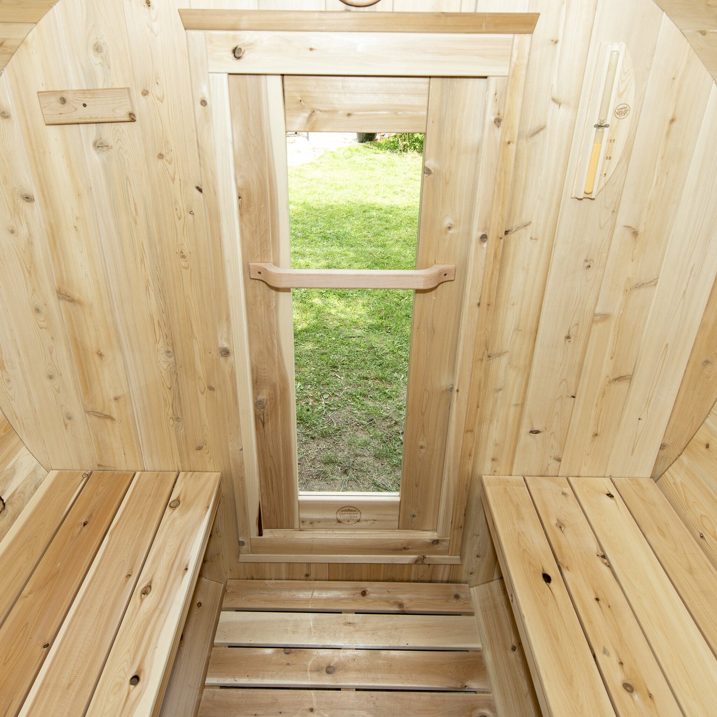 Canadian Timber Harmony 4-person white cedar barrel sauna, interior window