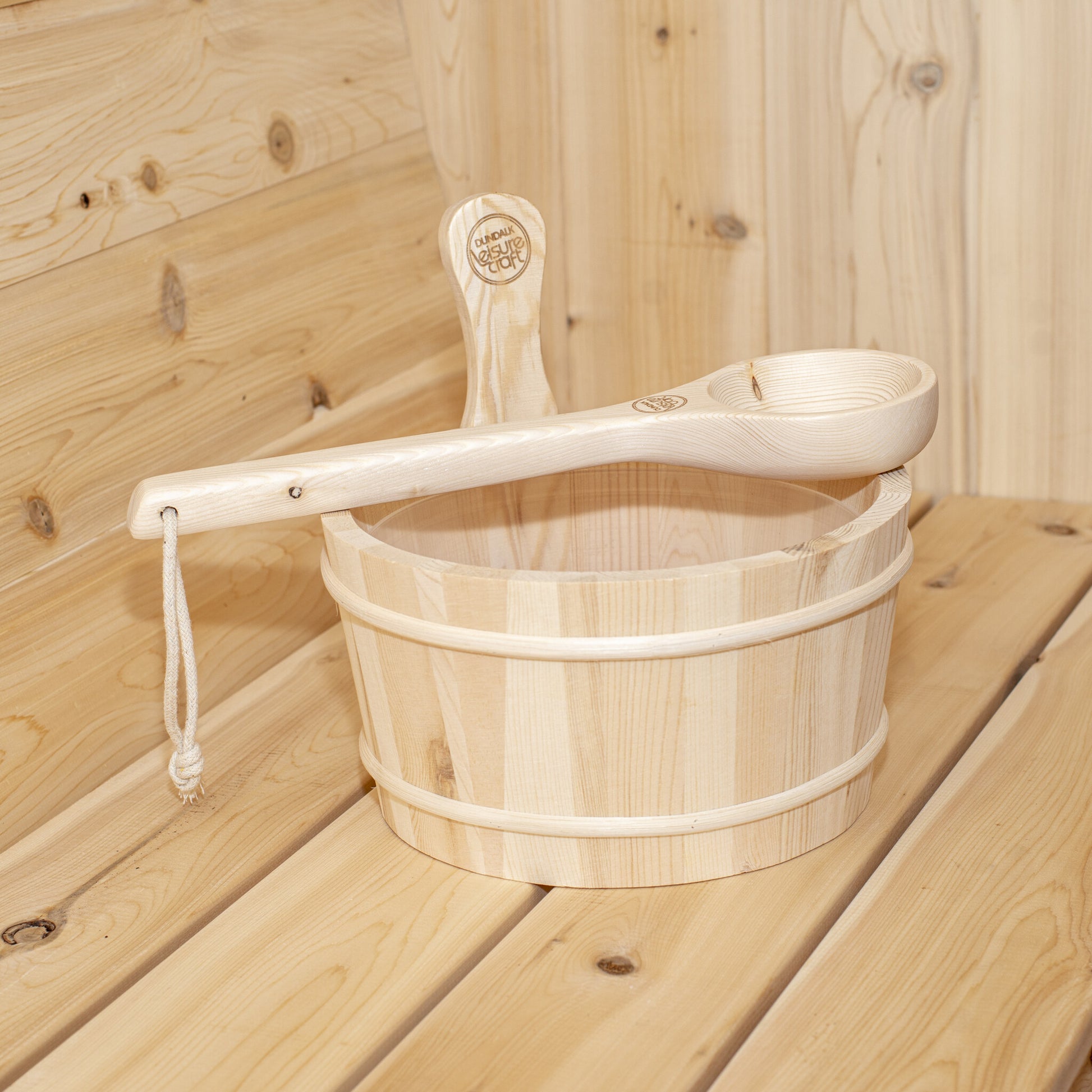 Canadian Timber Harmony 4-person white cedar barrel sauna, cedar bucket and ladle