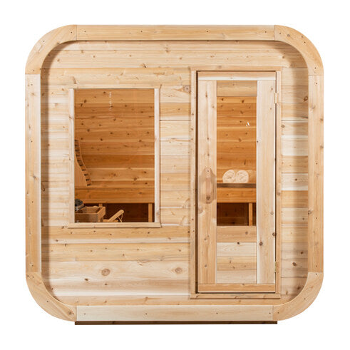 Canadian Timber Luna 4-person white cedar pod sauna, front view on a white background