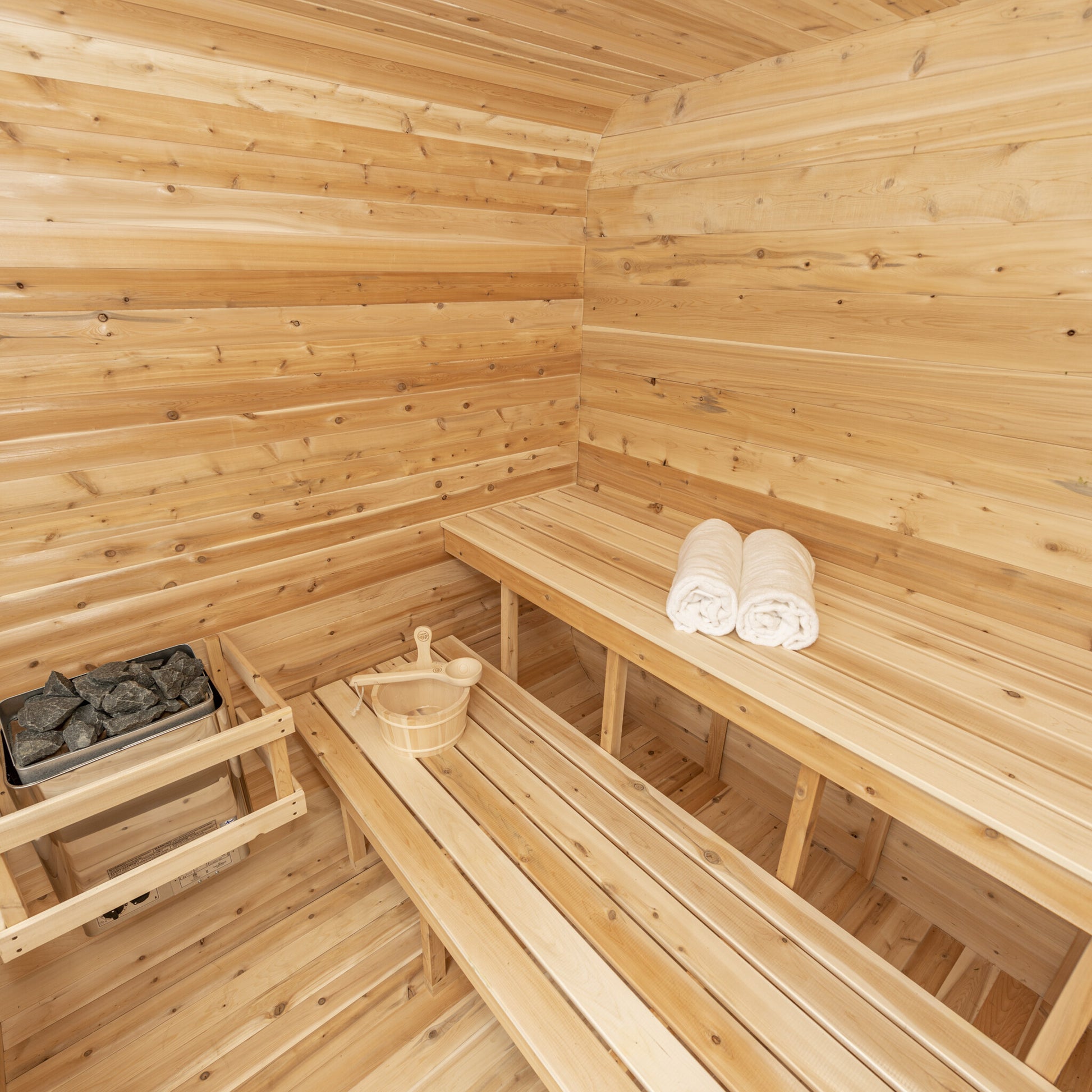 Canadian Timber Luna 4-person white cedar pod sauna, interior cedar benches