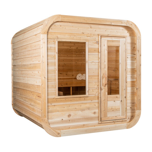 Canadian Timber Luna 4-person white cedar pod sauna, three-quarter front view on a white background