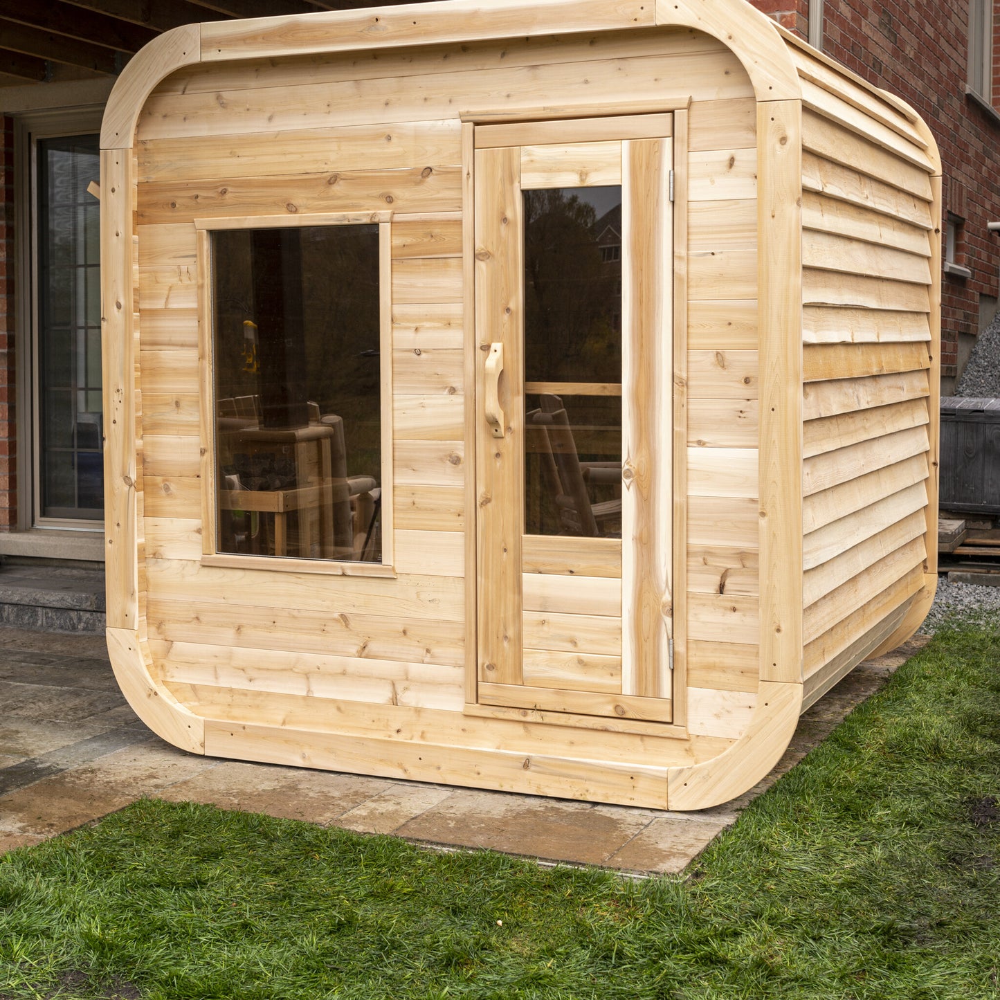 Canadian Timber Luna 4-person white cedar pod sauna, three-quarter exterior view