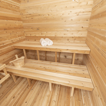 Canadian Timber Luna 4-person white cedar pod sauna, wide interior view