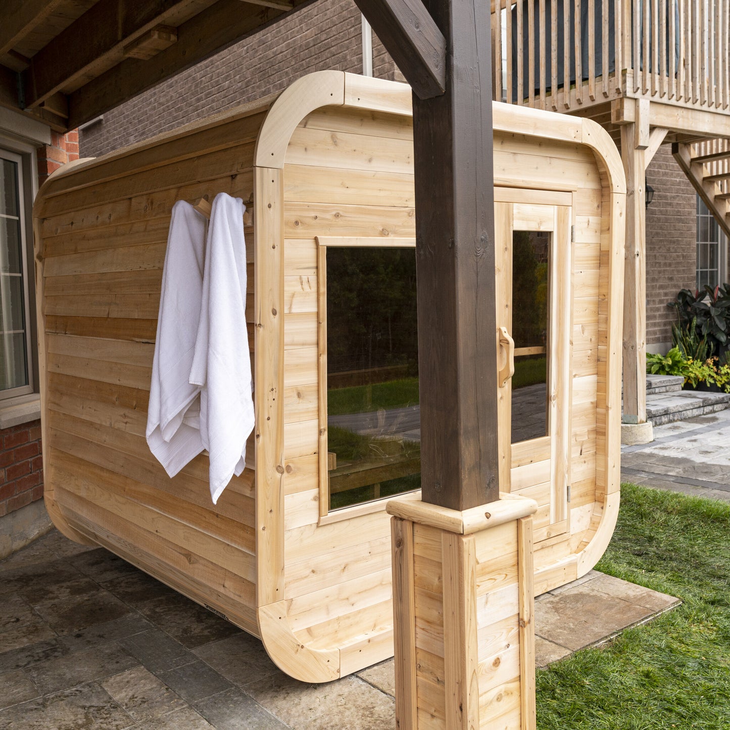 Canadian Timber Luna 4-person white cedar pod sauna, side exterior view