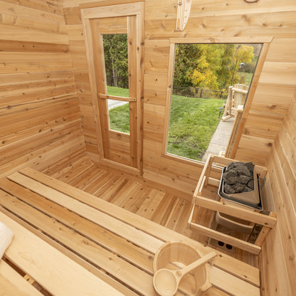 Canadian Timber Luna 4-person white cedar pod sauna, interior view toward the door
