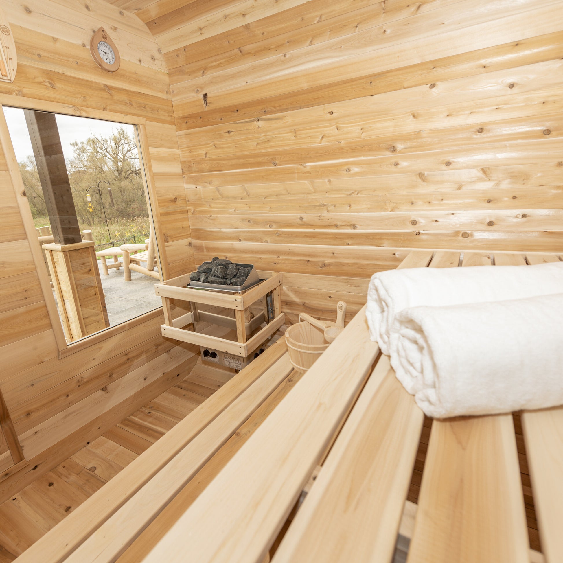 Canadian Timber Luna 4-person white cedar pod sauna, interior ceiling