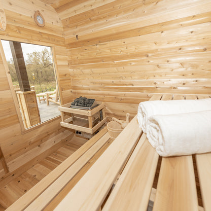 Canadian Timber Luna 4-person white cedar pod sauna, interior ceiling