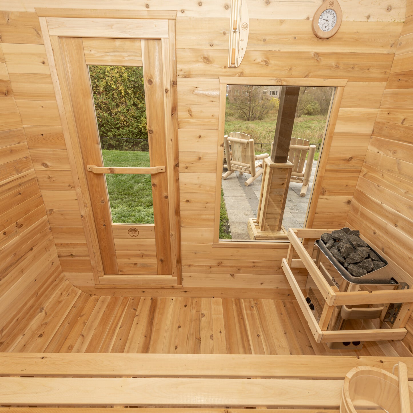 Canadian Timber Luna 4-person white cedar pod sauna, interior cedar detail