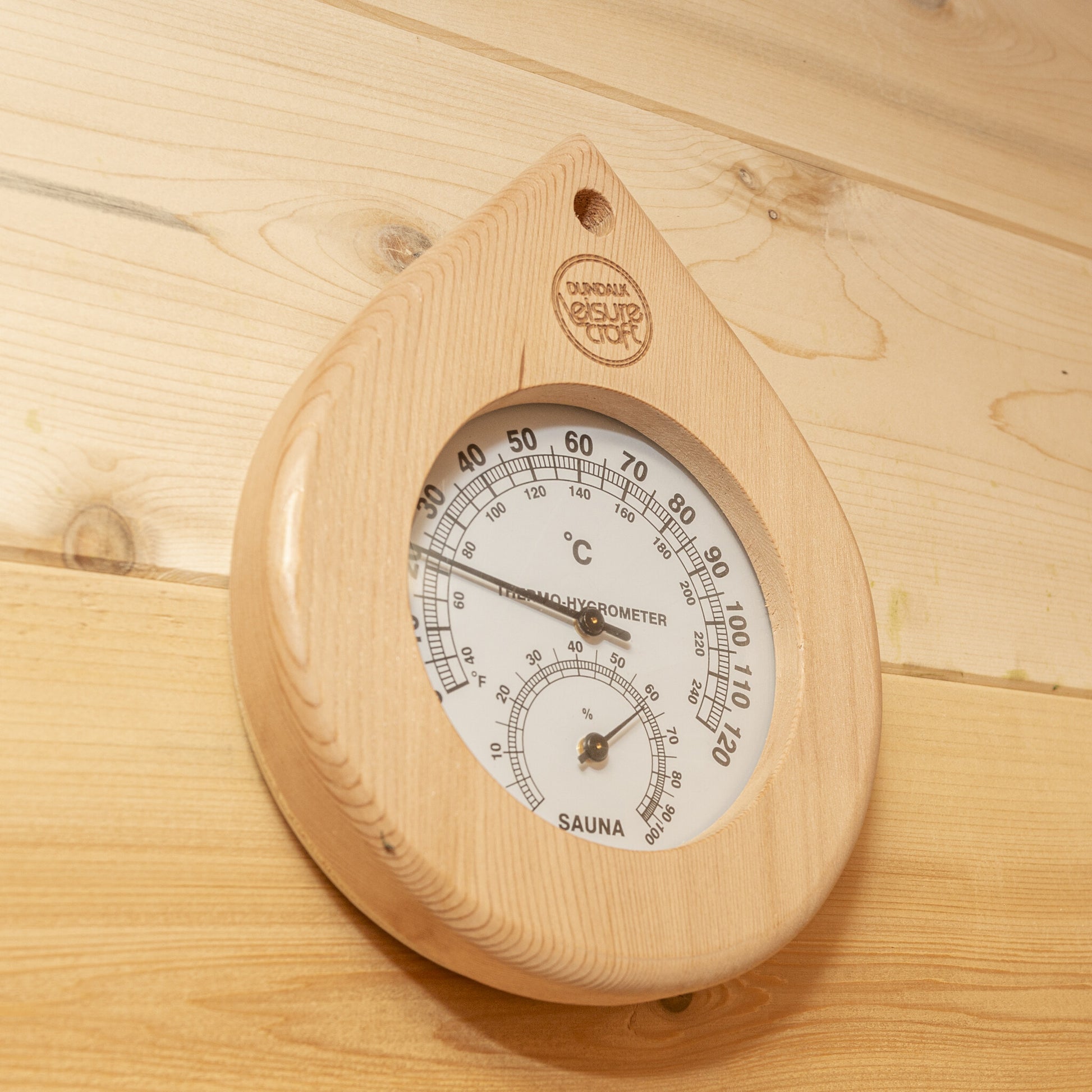 Canadian Timber Luna 4-person white cedar pod sauna, sauna thermometer