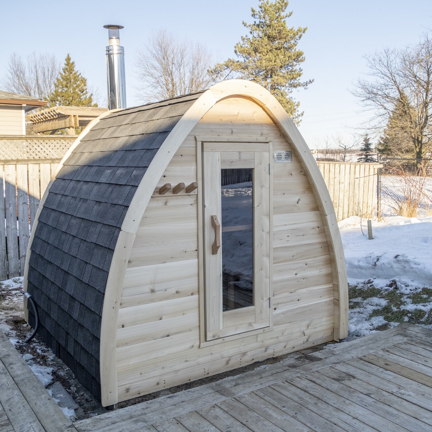 Canadian Timber Mini POD 4-person white cedar pod sauna, three-quarter exterior view