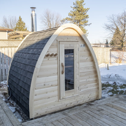 Canadian Timber Mini POD 4-person white cedar pod sauna, three-quarter exterior view