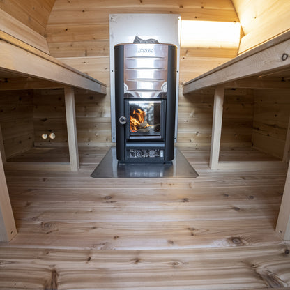 Canadian Timber Mini POD 4-person white cedar pod sauna, interior cedar benches
