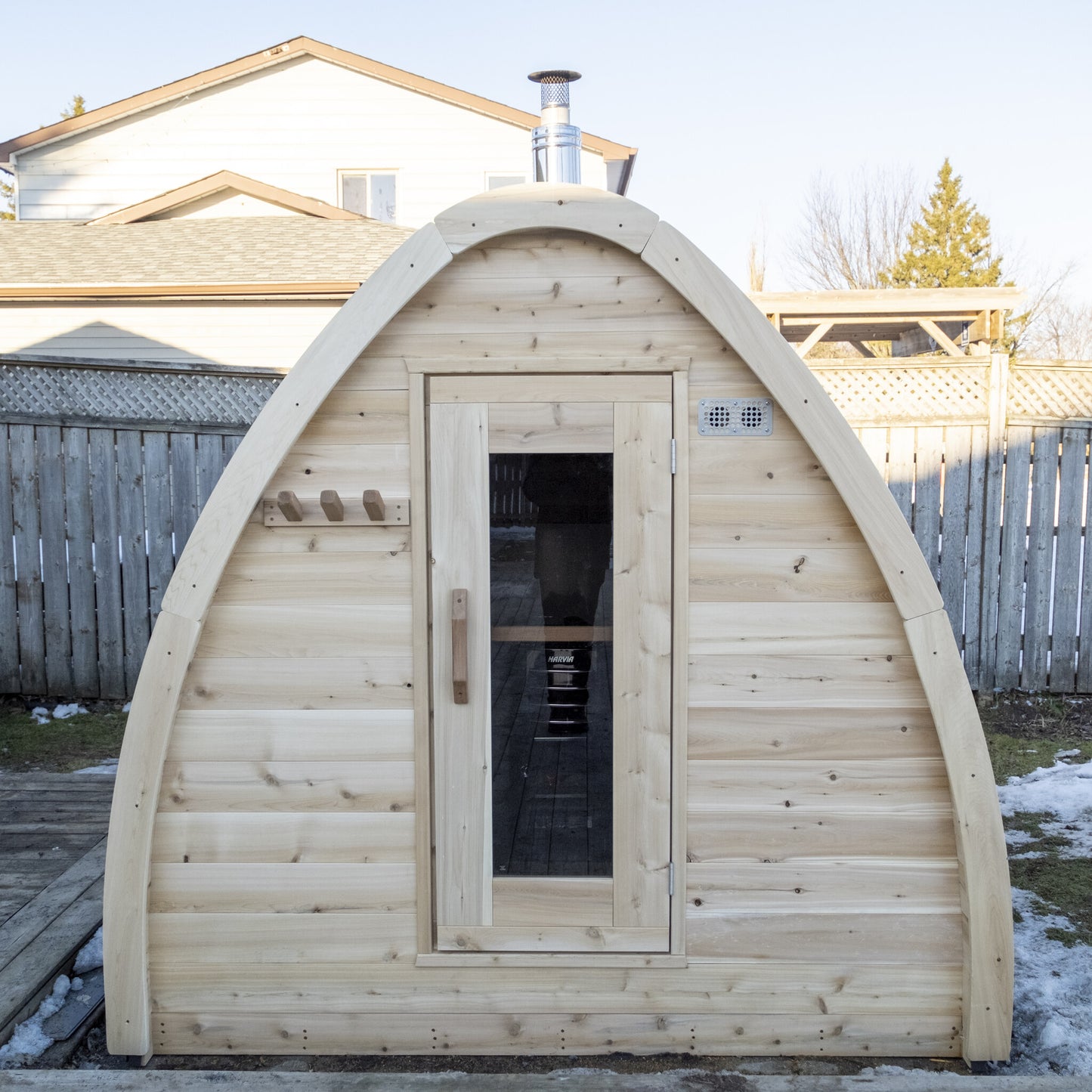 Canadian Timber Mini POD 4-person white cedar pod sauna, front exterior view