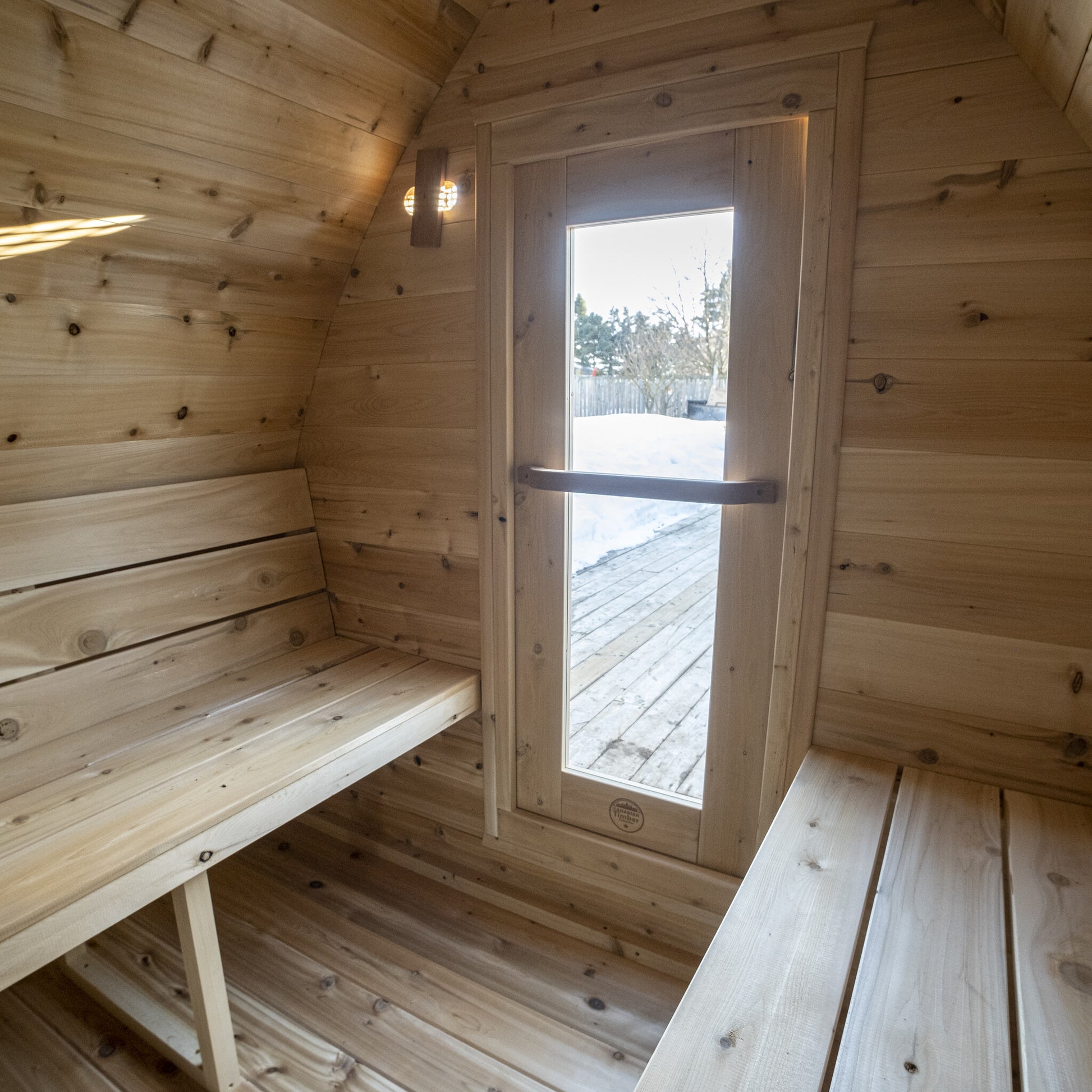 Canadian Timber Mini POD 4-person white cedar pod sauna, interior window