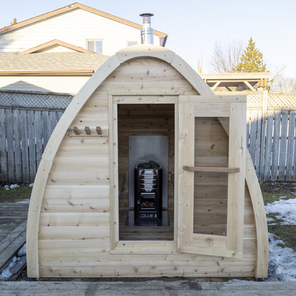 Canadian Timber Mini POD 4-person white cedar pod sauna, front exterior with the door open