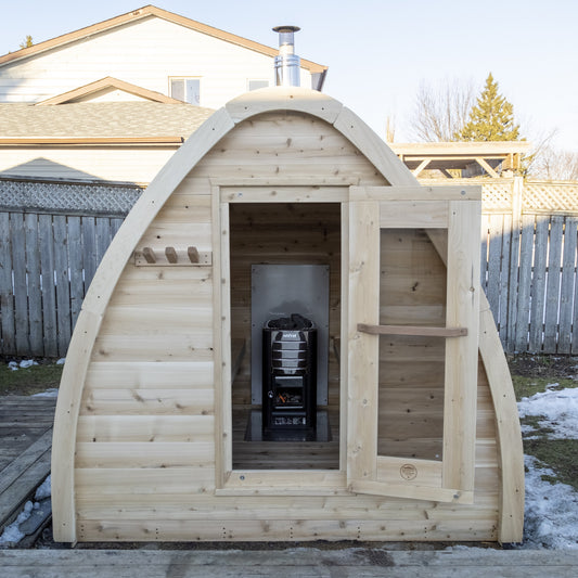 Canadian Timber Mini POD 4-person white cedar pod sauna, front exterior with the door open