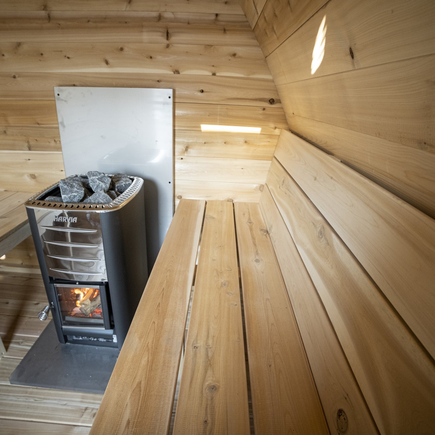 Canadian Timber Mini POD 4-person white cedar pod sauna, interior bench