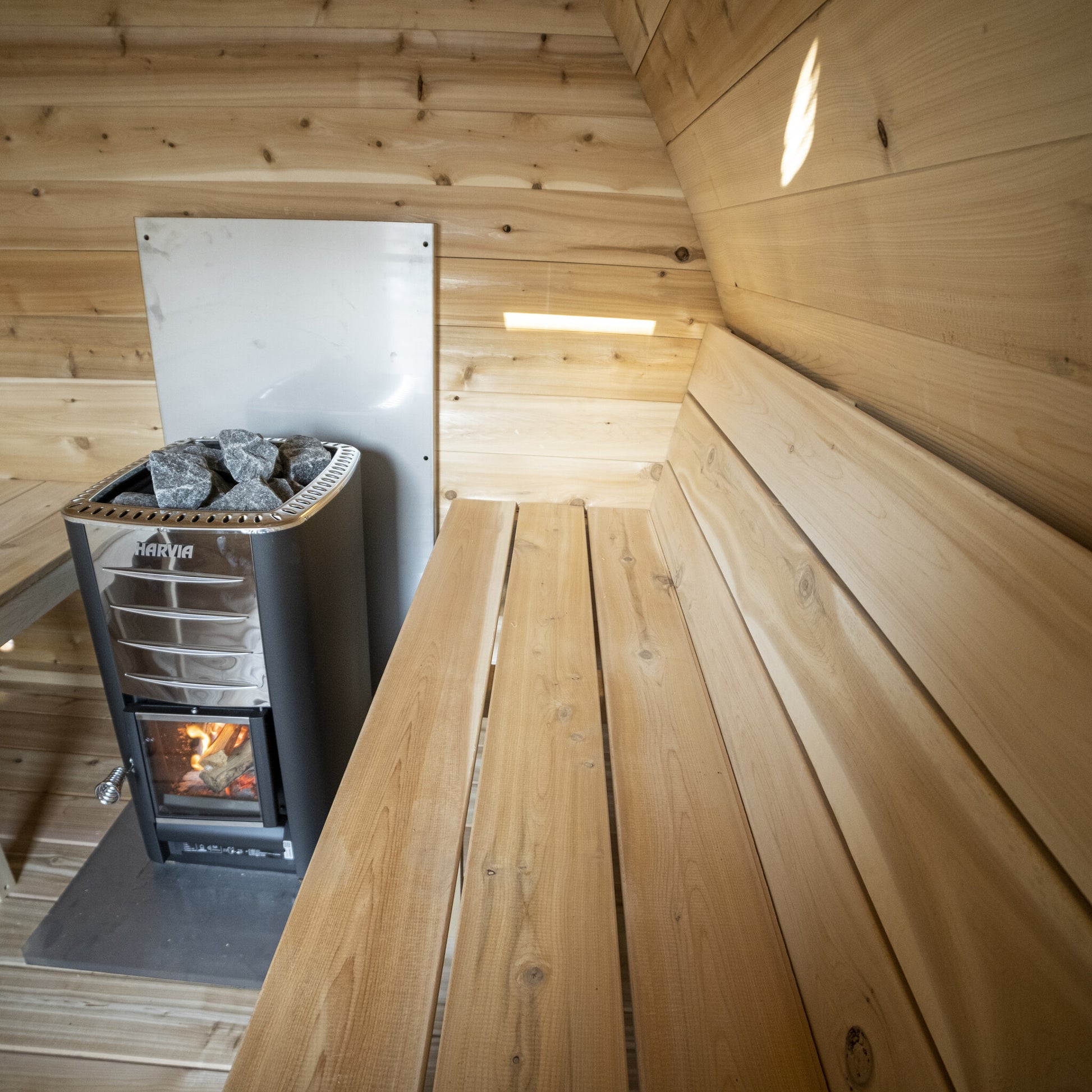 Canadian Timber Mini POD 4-person white cedar pod sauna, interior bench