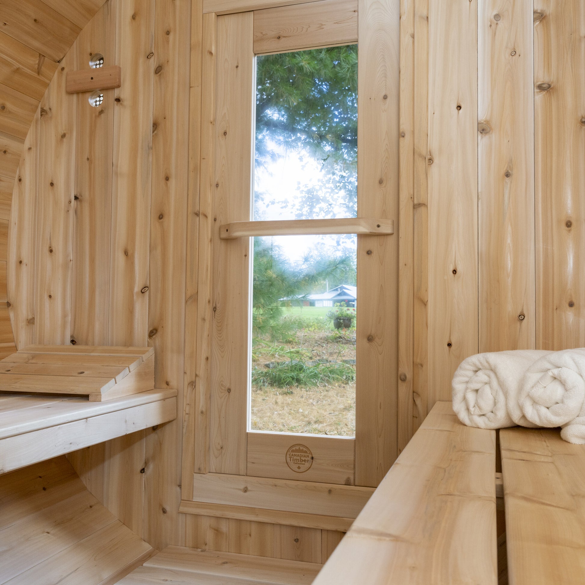 Canadian Timber Serenity 5-person white cedar barrel sauna, interior cedar benches