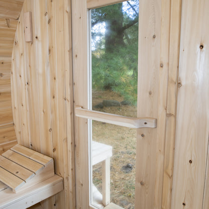 Canadian Timber Serenity 5-person white cedar barrel sauna, interior window detail