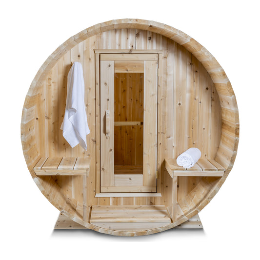 Canadian Timber Serenity 5-person white cedar barrel sauna, side profile on a white background