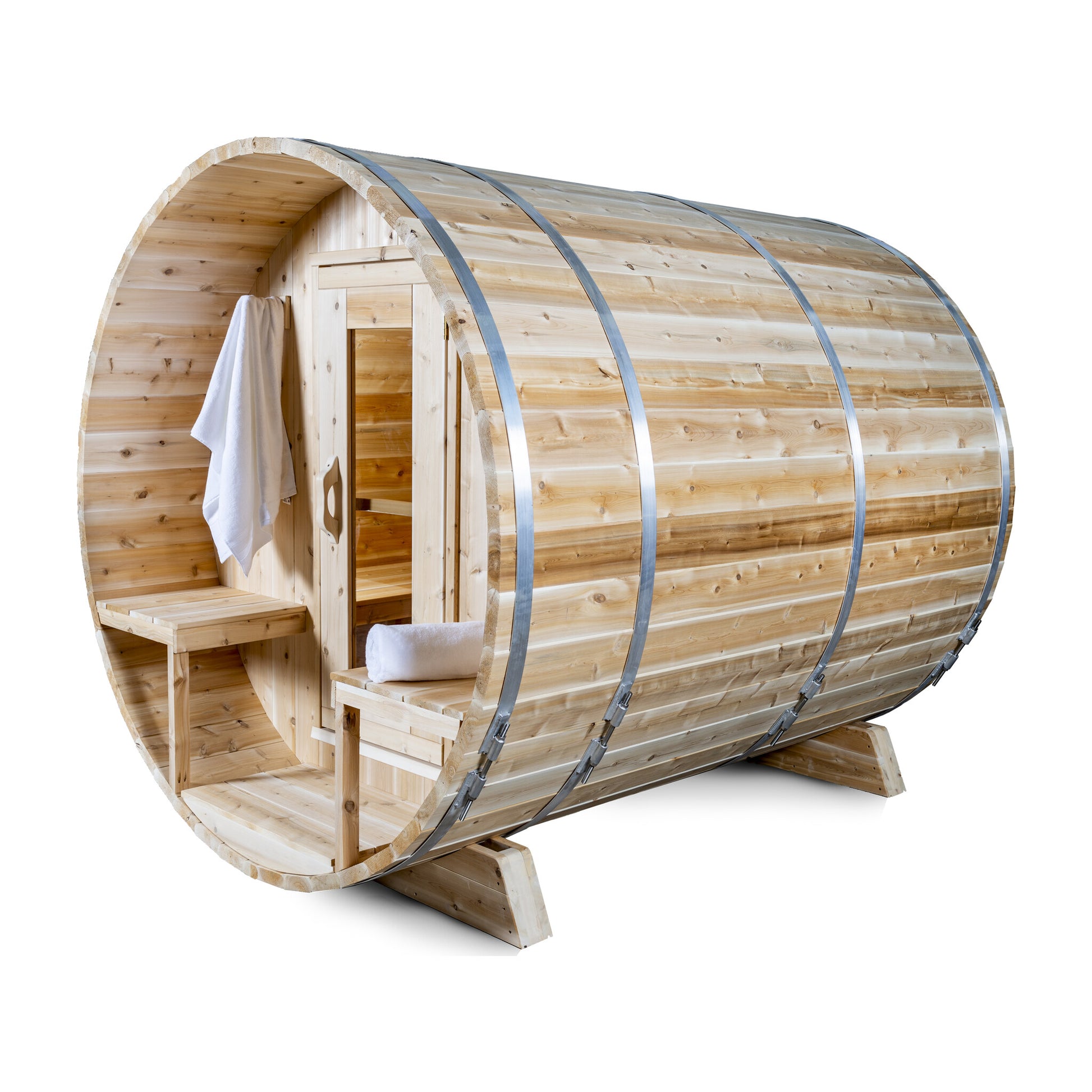 Canadian Timber Serenity 5-person white cedar barrel sauna, rear view on a white background
