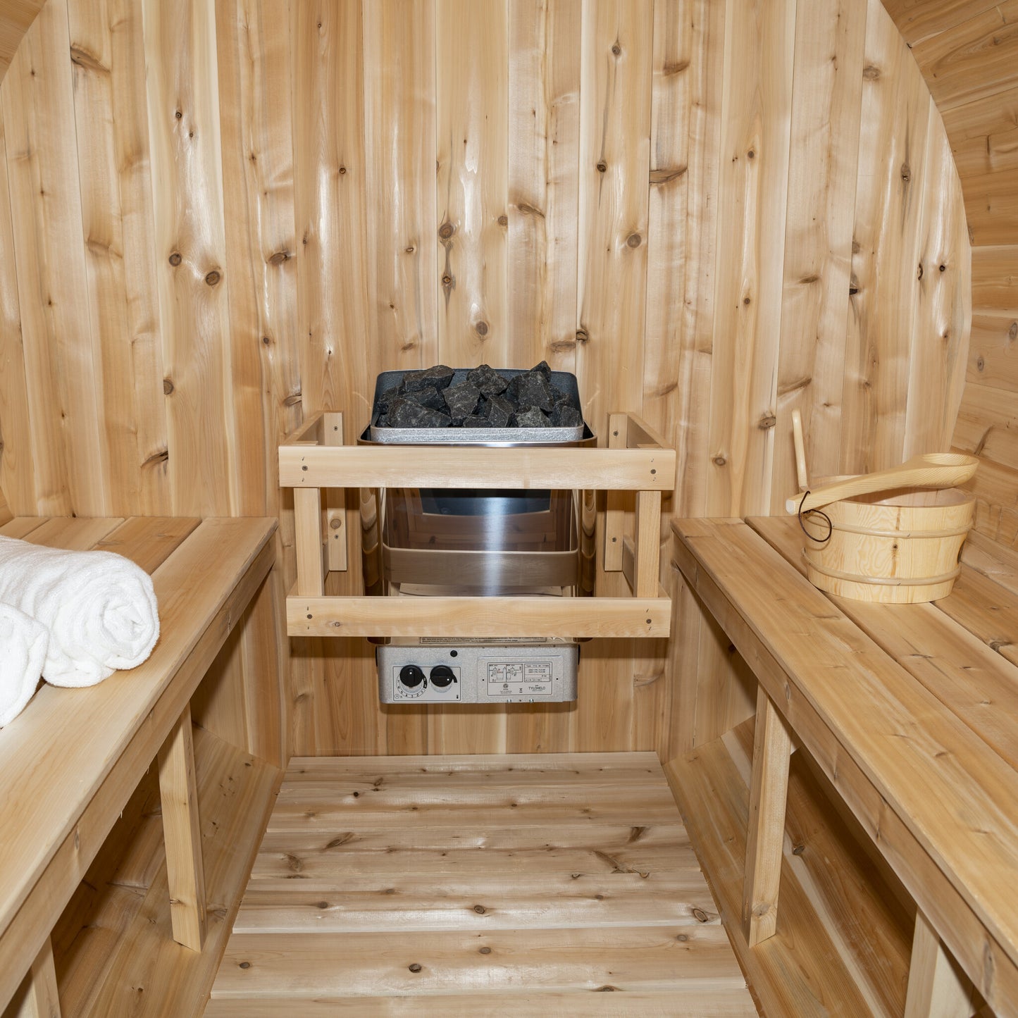 Canadian Timber Serenity 5-person white cedar barrel sauna, wide view of the interior benches