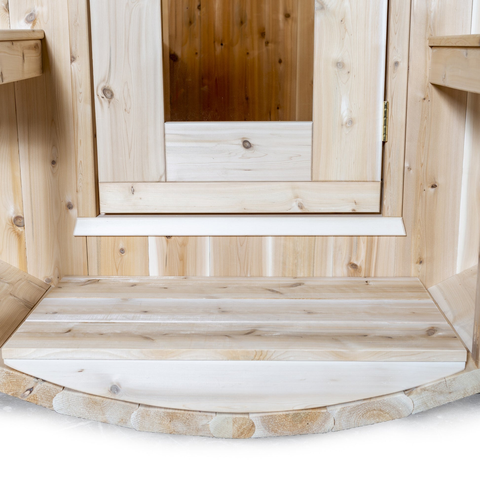Canadian Timber Serenity 5-person white cedar barrel sauna, front porch detail