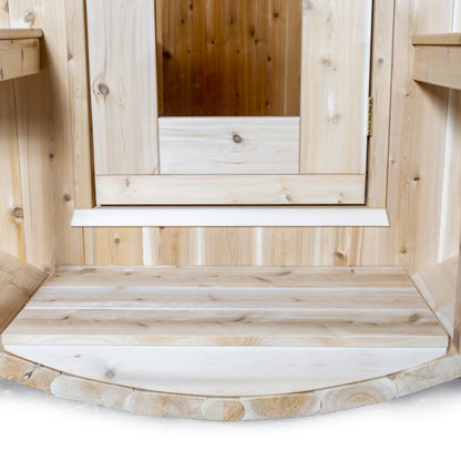 Canadian Timber Serenity 5-person white cedar barrel sauna, front porch detail