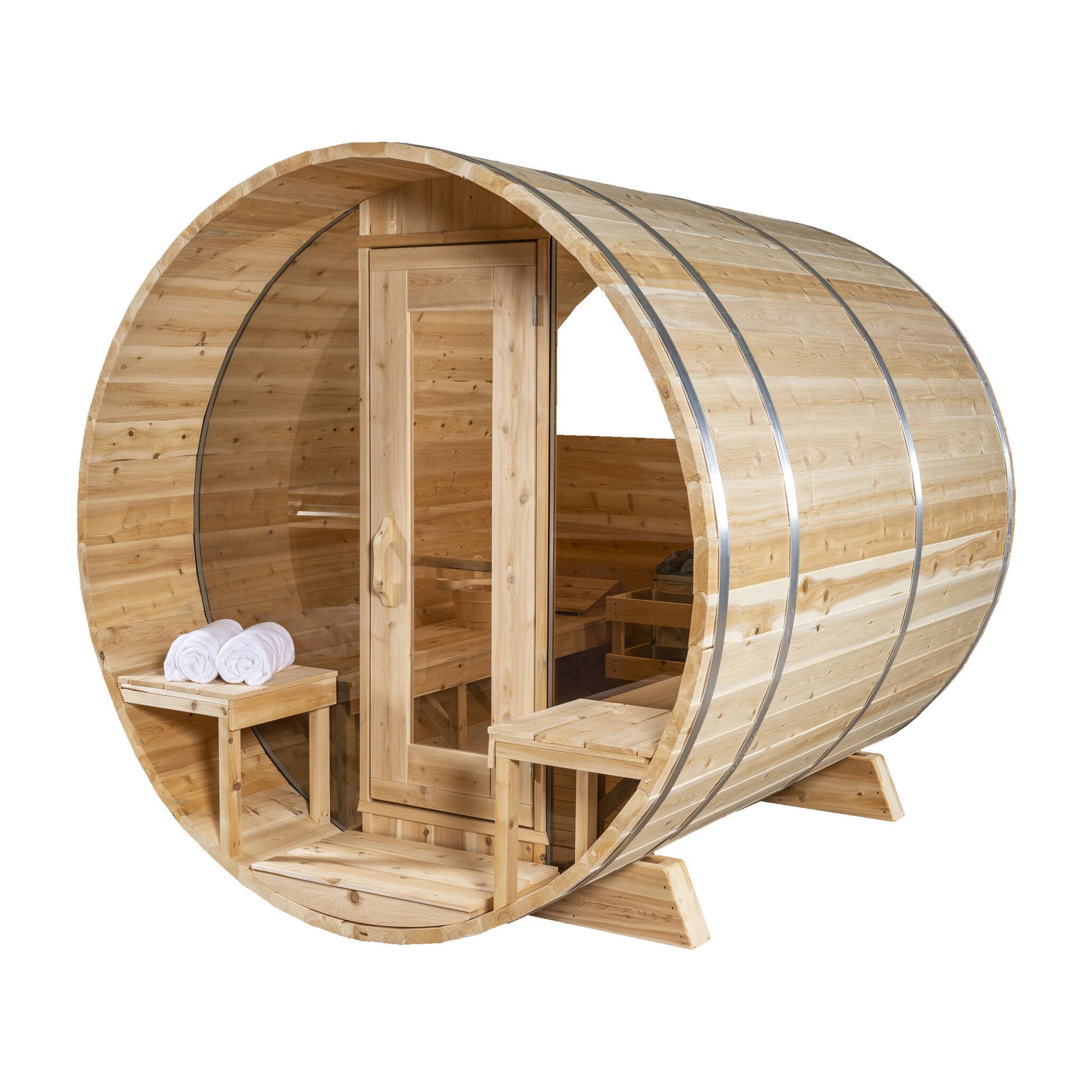 Canadian Timber Serenity with Windows 5-person white cedar barrel sauna, front view on a white background