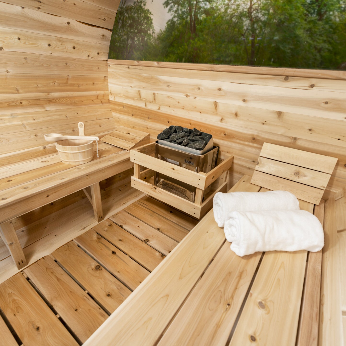Canadian Timber Serenity with Windows 5-person white cedar barrel sauna, interior cedar benches