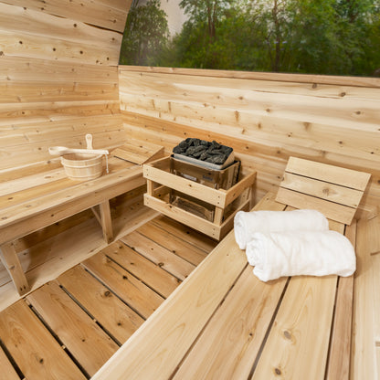 Canadian Timber Serenity with Windows 5-person white cedar barrel sauna, interior cedar benches