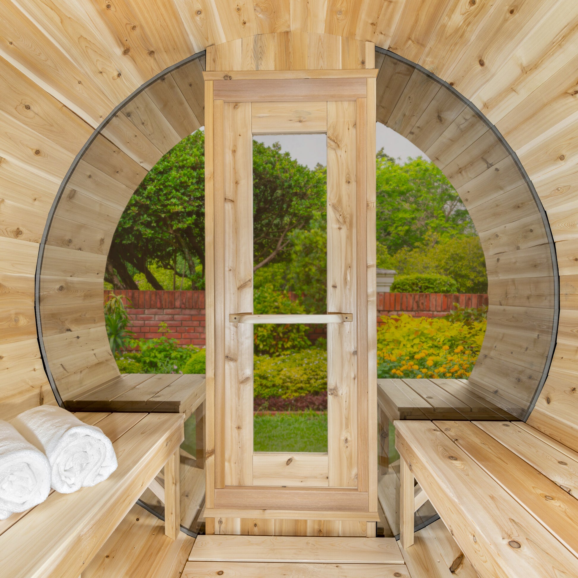 Canadian Timber Serenity with Windows 5-person white cedar barrel sauna, wide interior view