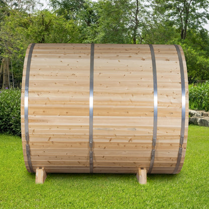 Canadian Timber Serenity with Windows 5-person white cedar barrel sauna, installed in a garden setting