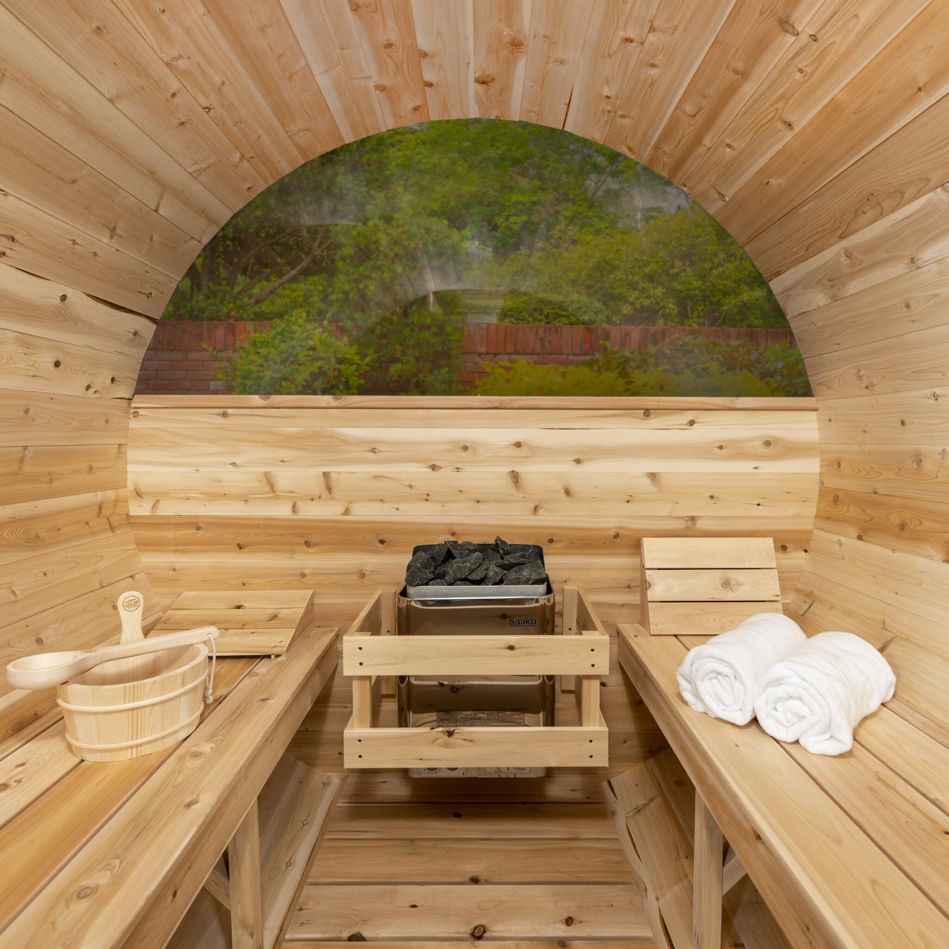 Canadian Timber Serenity with Windows 5-person white cedar barrel sauna, view out through the interior window