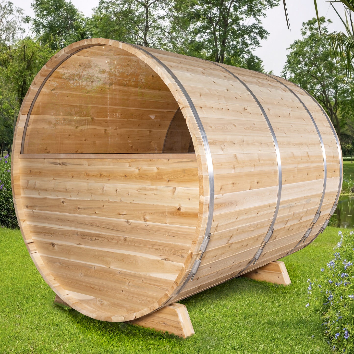 Canadian Timber Serenity with Windows 5-person white cedar barrel sauna, exterior cedar detail