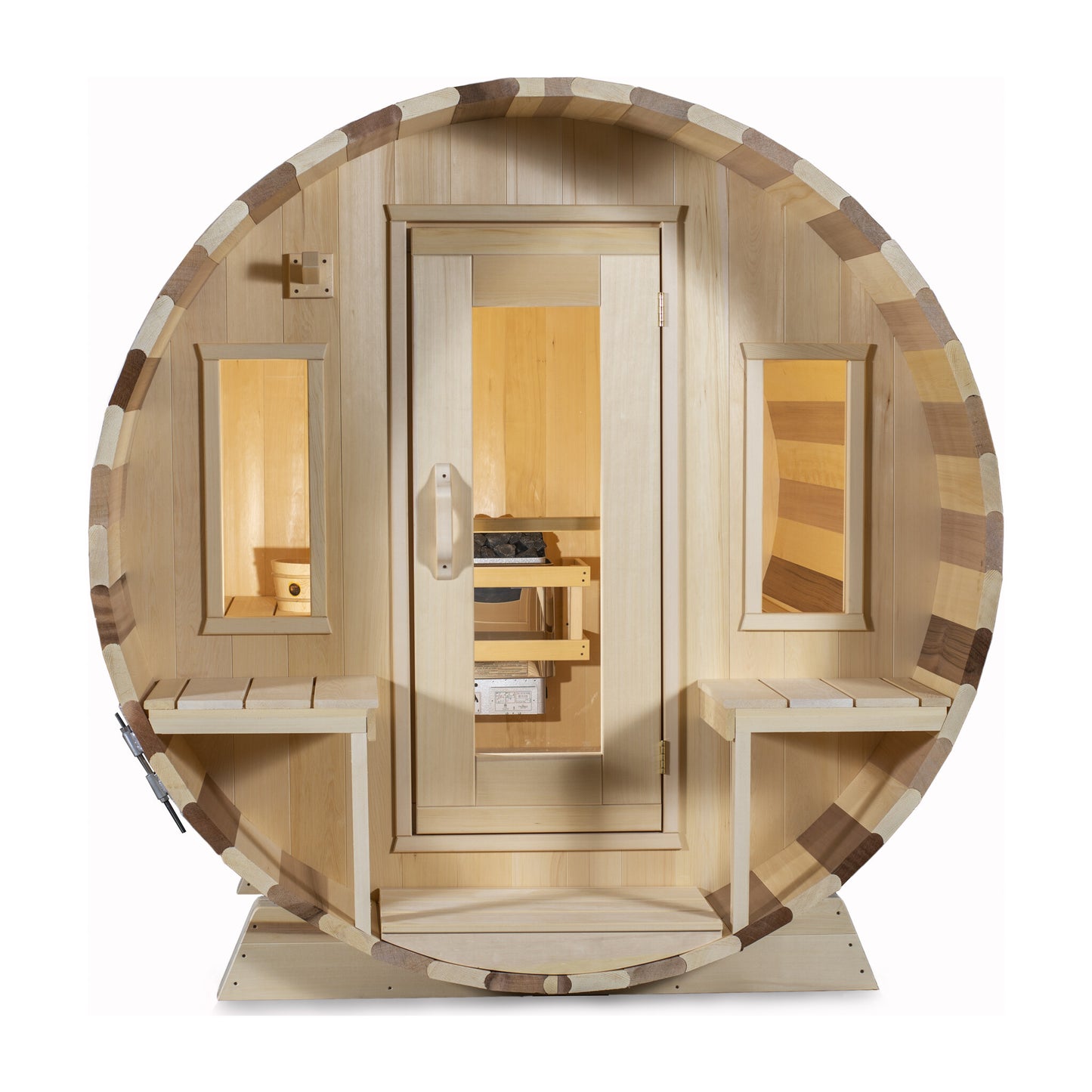 Canadian Timber Tranquility 6-person white cedar barrel sauna, front view on a white background