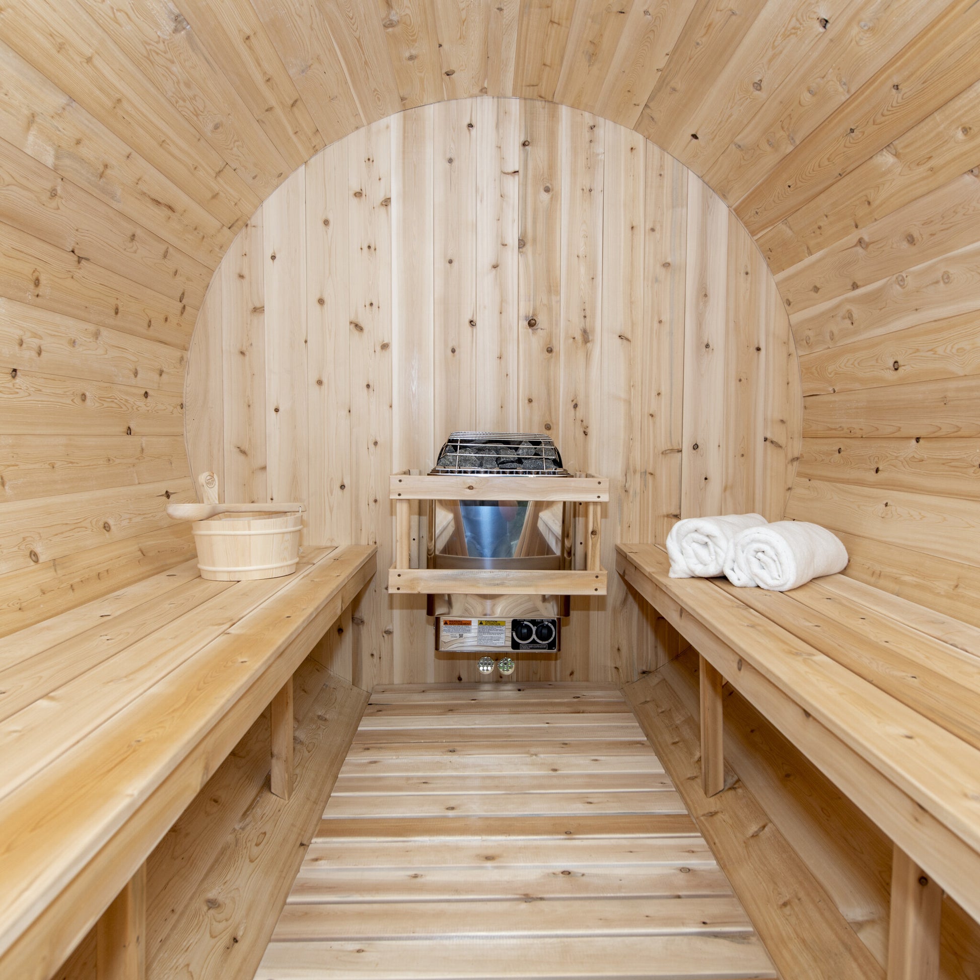 Canadian Timber Tranquility 6-person white cedar barrel sauna, interior cedar benches