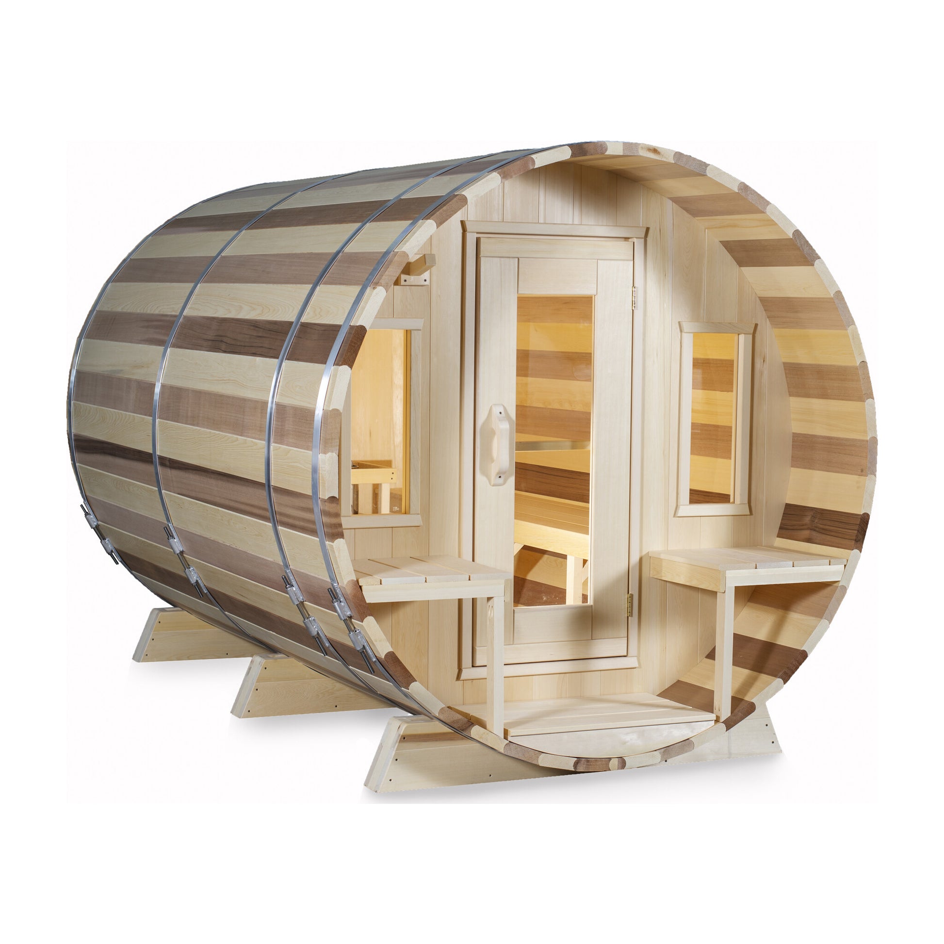 Canadian Timber Tranquility 6-person white cedar barrel sauna, three-quarter front view on a white background