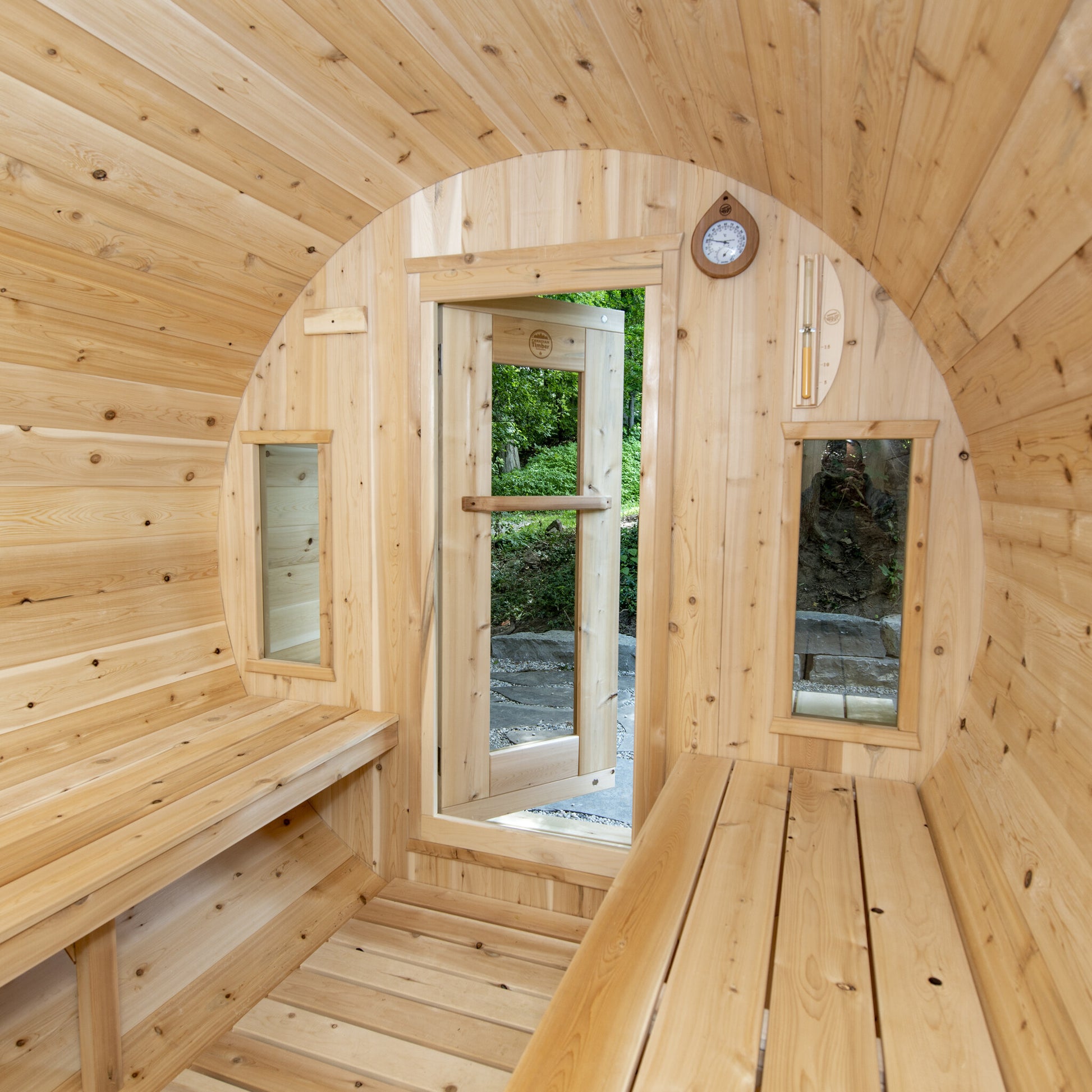 Canadian Timber Tranquility 6-person white cedar barrel sauna, wide interior view