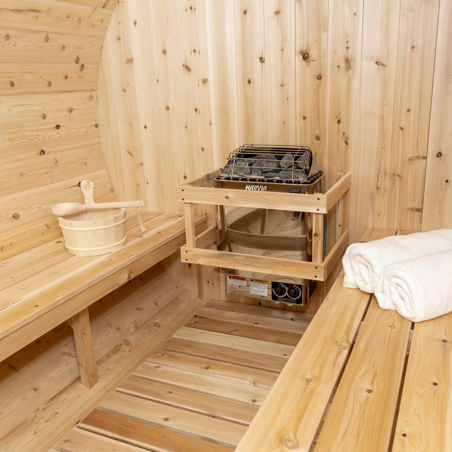 Canadian Timber Tranquility 6-person white cedar barrel sauna, interior bench detail