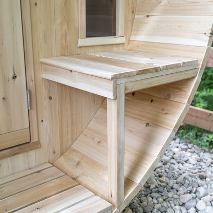 Canadian Timber Tranquility 6-person white cedar barrel sauna, bench construction detail