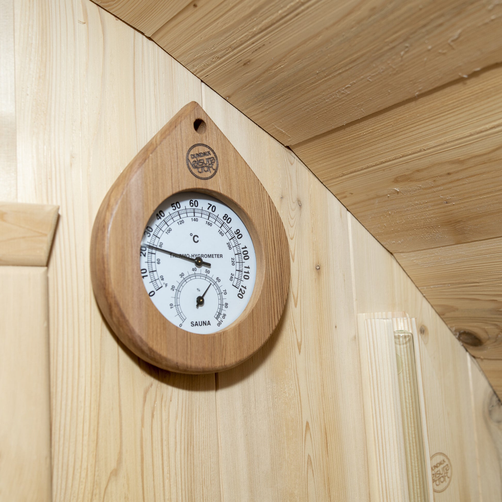 Canadian Timber Tranquility 6-person white cedar barrel sauna, sauna thermometer