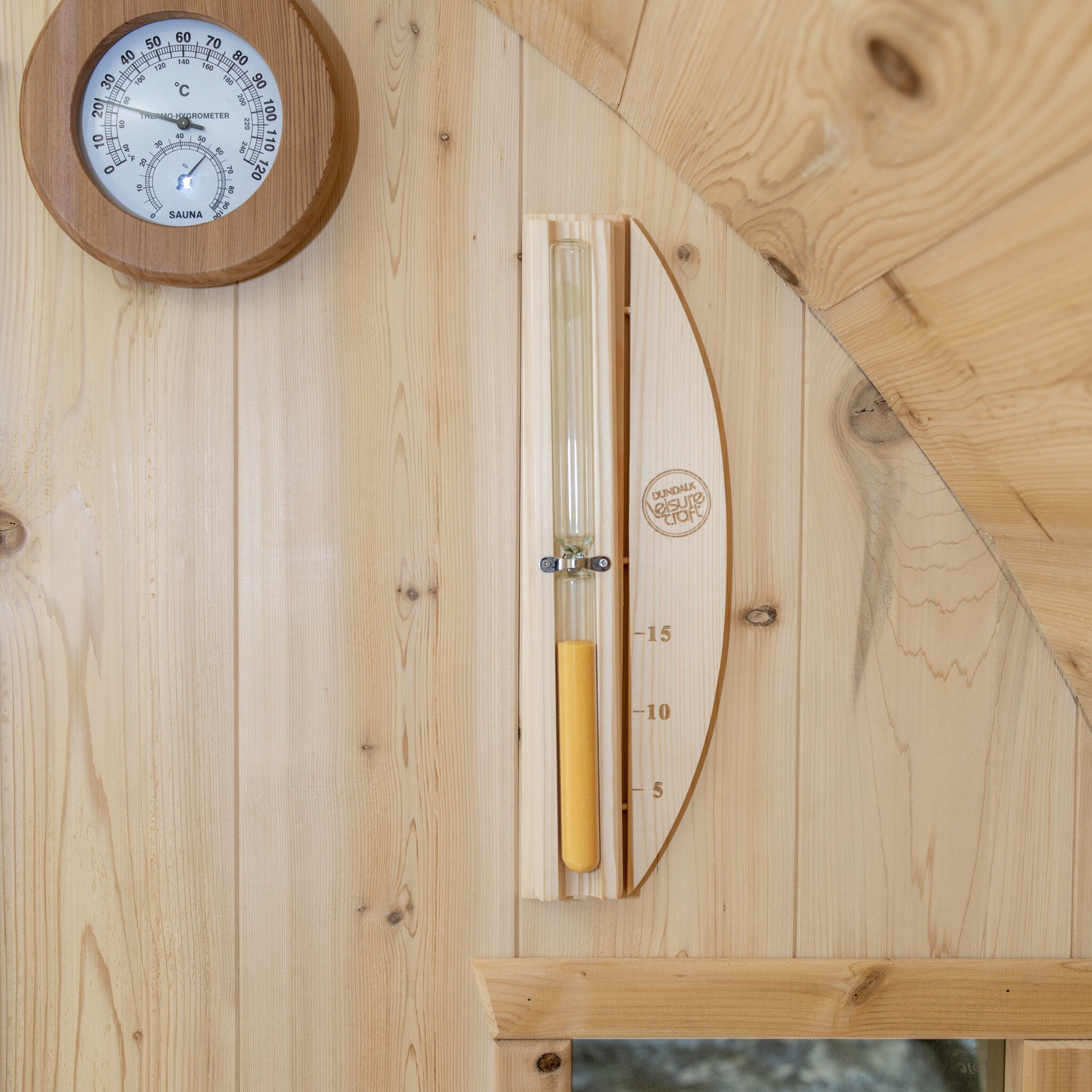 Canadian Timber Tranquility 6-person white cedar barrel sauna, sauna sand timer