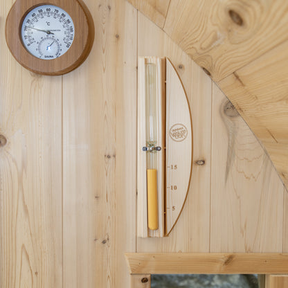 Canadian Timber Tranquility 6-person white cedar barrel sauna, sauna sand timer