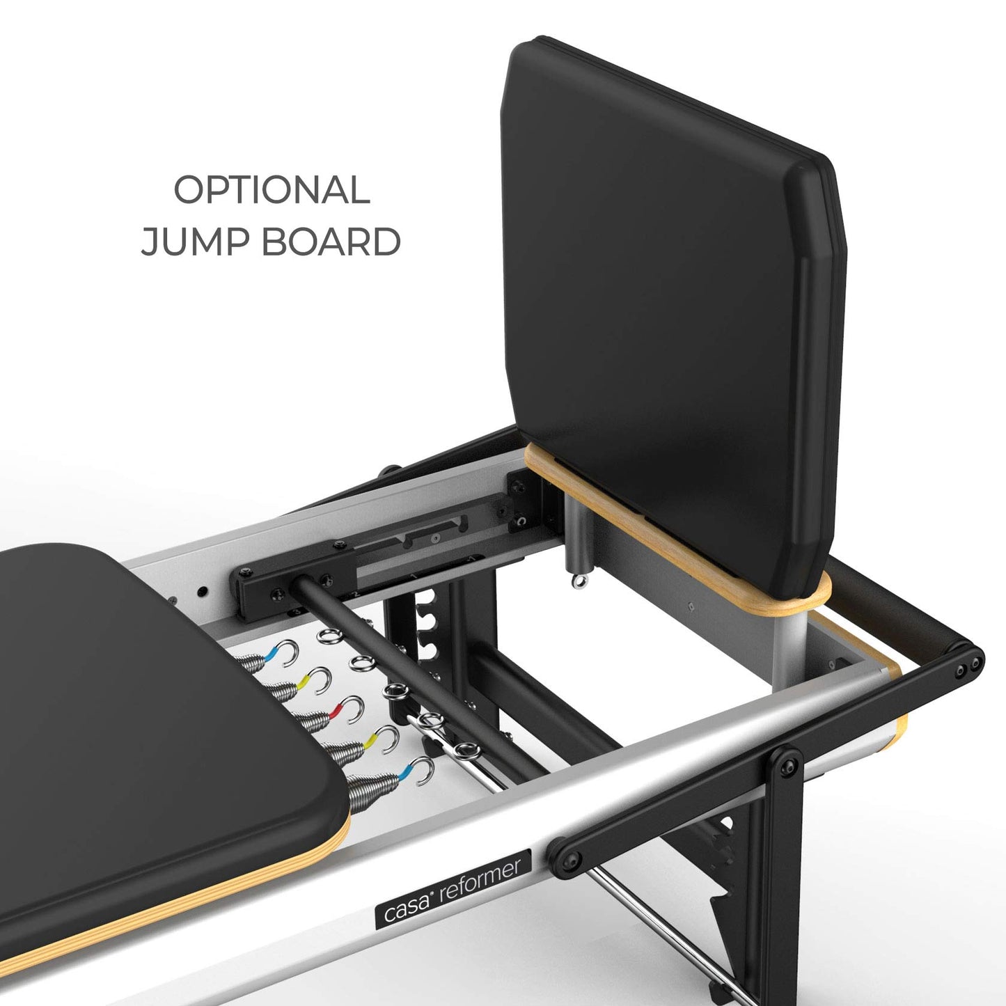 Peak Pilates casa Reformer with Long/Short Box shown with the optional jump board attached for cardio-style Pilates workouts