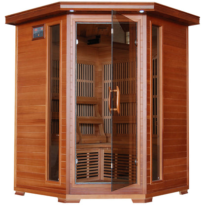HeatWave Hudson Bay 3-Person Cedar Corner Infrared Sauna, angled front view with glass door, control panel, corner cabinet design, and interior benches
