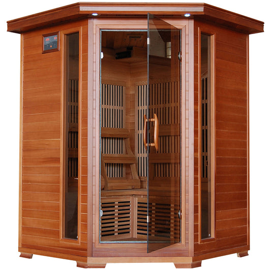 HeatWave Hudson Bay 3-Person Cedar Corner Infrared Sauna, angled front view with glass door, control panel, corner cabinet design, and interior benches