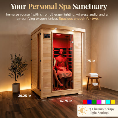 HeatWave Coronado 2-Person Hemlock Deluxe Sauna in a room with chromotherapy lighting, dimensions and 7 color light settings