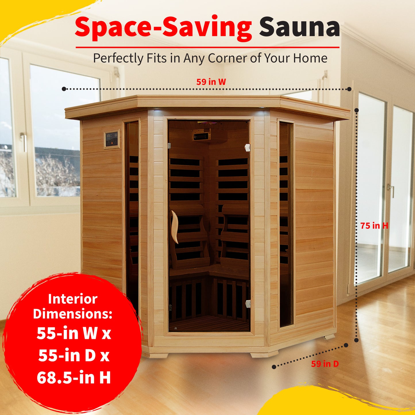 HeatWave Tucson 4-Person Hemlock Corner Infrared Sauna dimensions: 59 in W x 59 in D x 75 in H exterior, fits a home corner